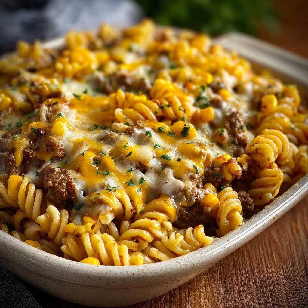 Loaded Cheddar Ranch Beef and Sweet Corn Rotini Bake