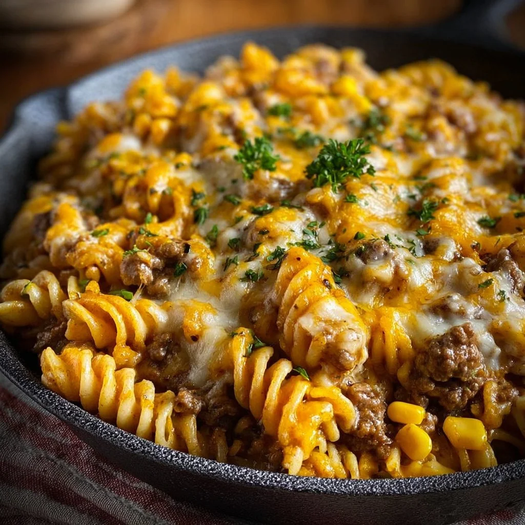 Loaded Cheddar Ranch Beef and Sweet Corn Rotini Bake