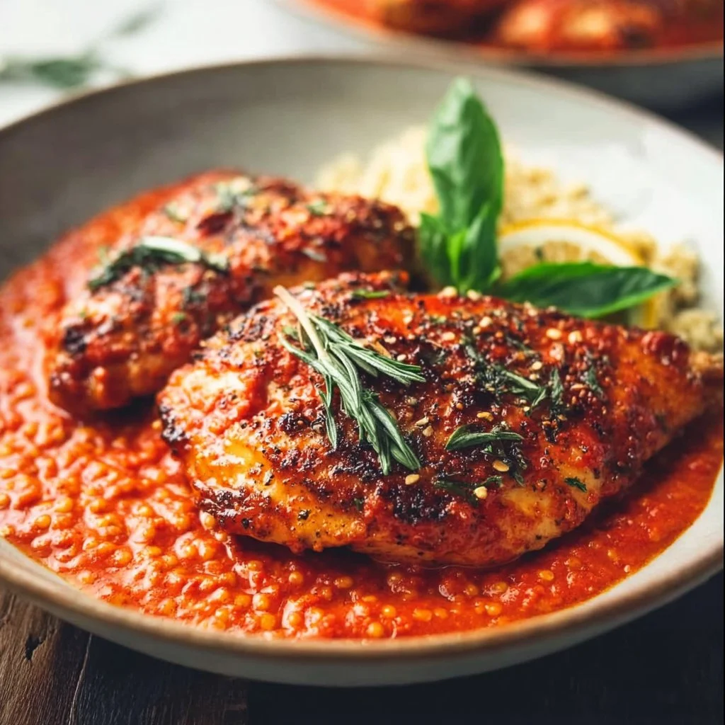 Mediterranean Chicken with Roasted Red Pepper Sauce