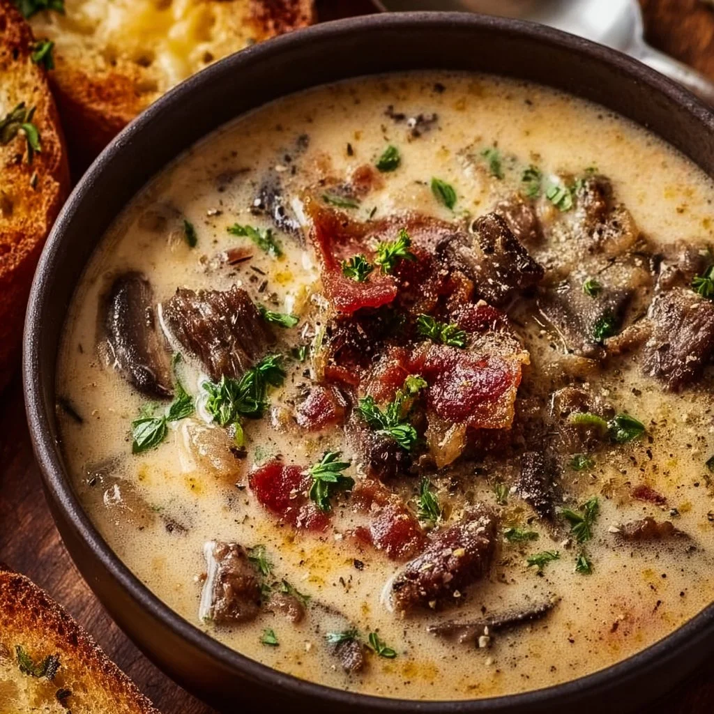 One-Pot Philly Cheesesteak Soup with Bacon and Cheesy Toast