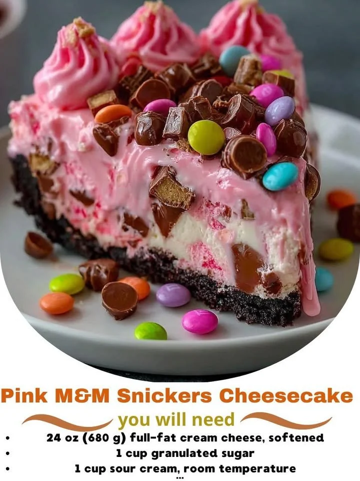 Pink M&M Snickers Cheesecake