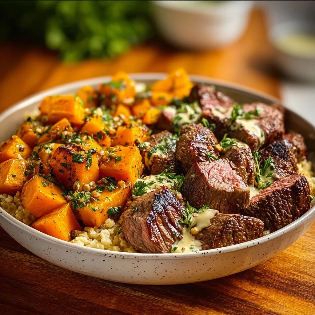 Savory Butternut Squash & Garlic Herb Steak Bowls
