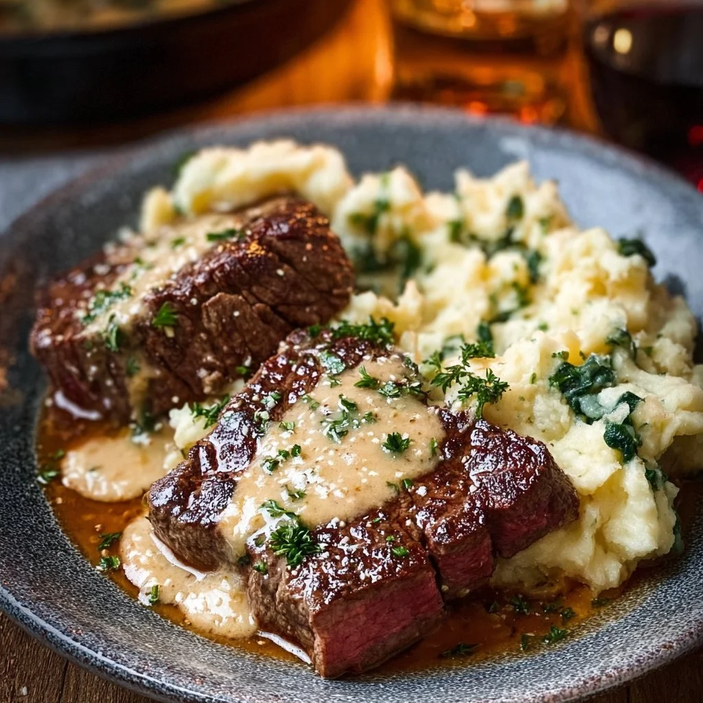 Savory Gaelic Irish Steaks with Whiskey Cream and Colcannon