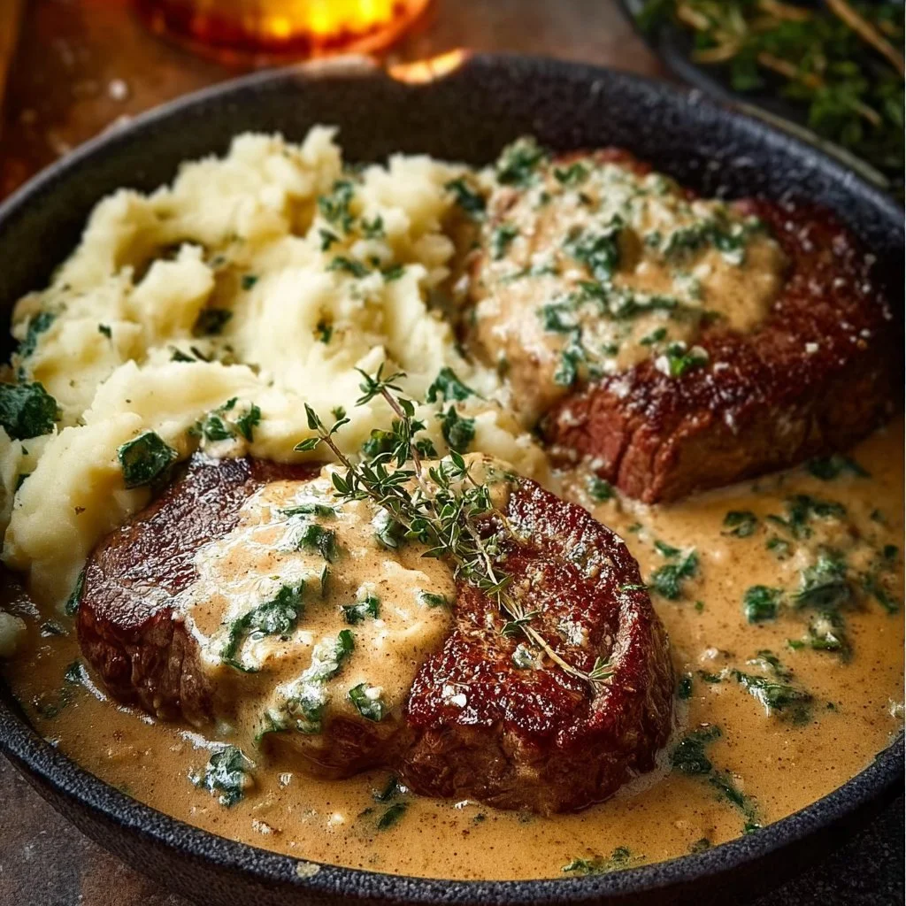 Savory Gaelic Irish Steaks with Whiskey Cream and Colcannon