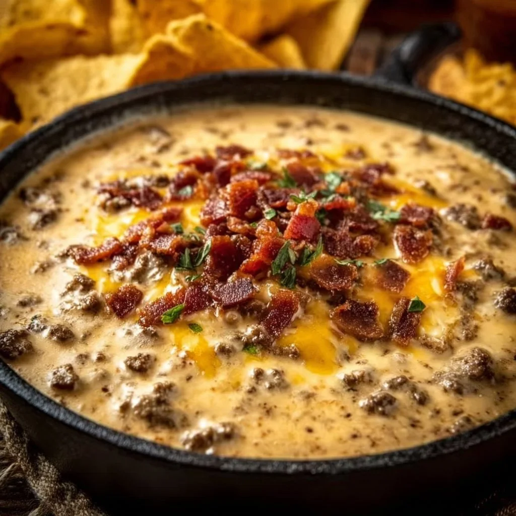 Sizzling Bacon Cheeseburger Queso Dip