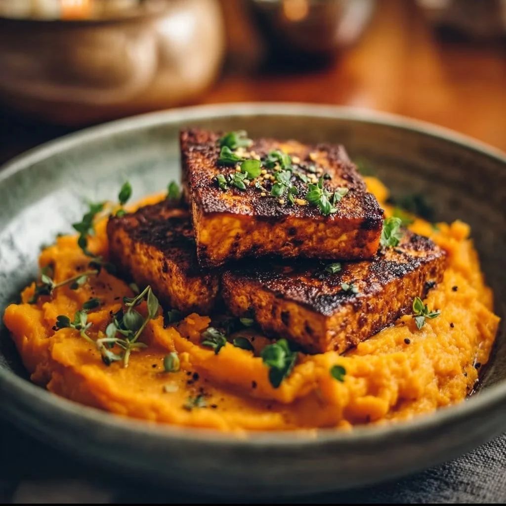 Smoky Tofu Steak with Creamy Mashed Sweet Potatoes