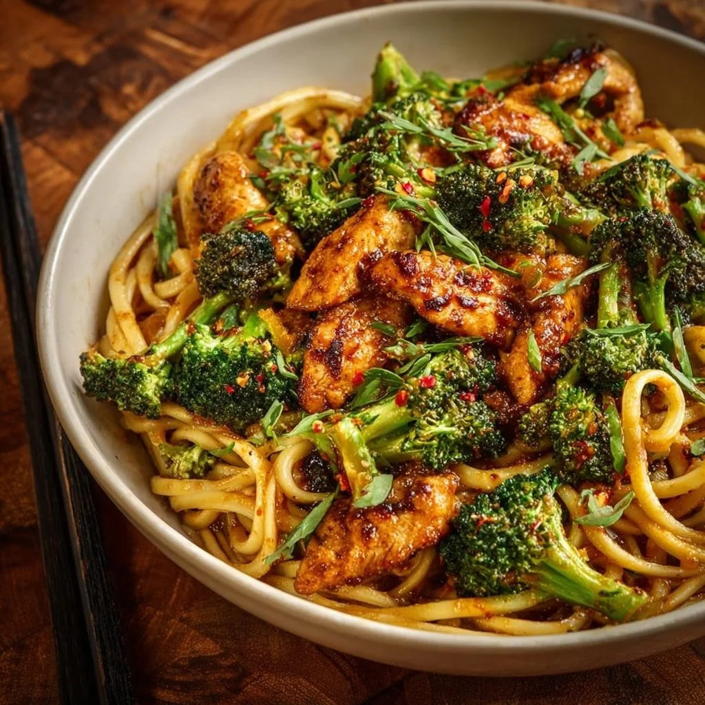 Spicy Garlic Chicken and Broccoli Noodle Bowls Delight You!