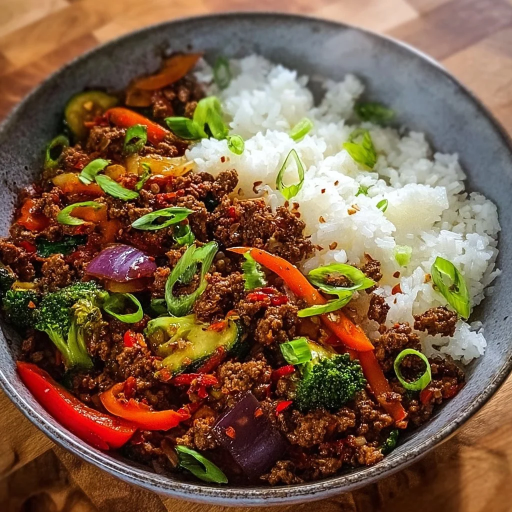 Spicy Ground Beef Stir-Fry Bowl with Garlic Veggies & Steamy Rice