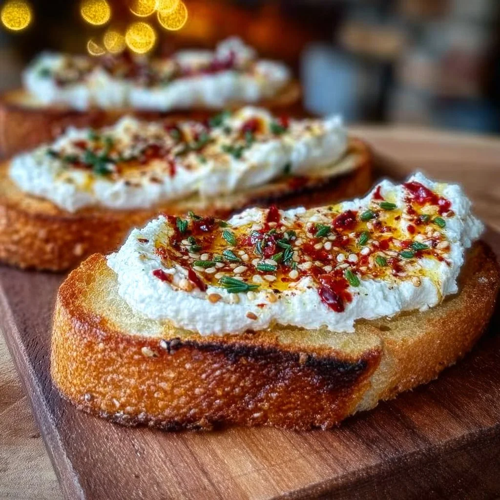 Sweet and Spicy Whipped Feta Crostini