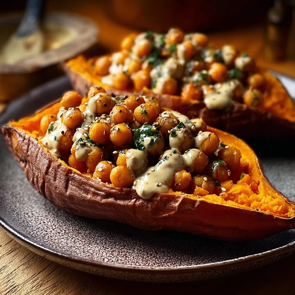 Sweet Potatoes with Tahini Butter Chickpeas for Cozy Nights