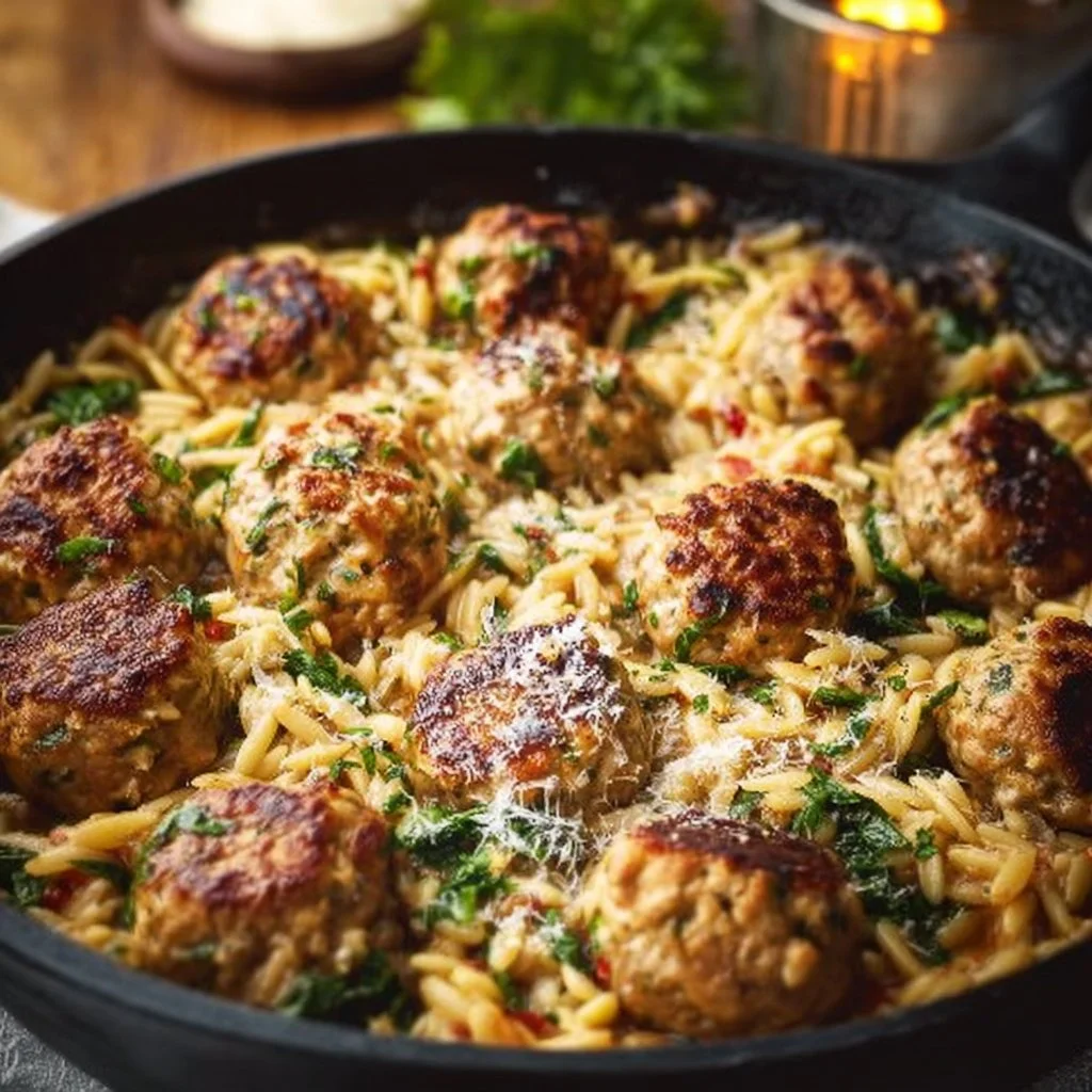 Tuscan Chicken Meatballs and Orzo