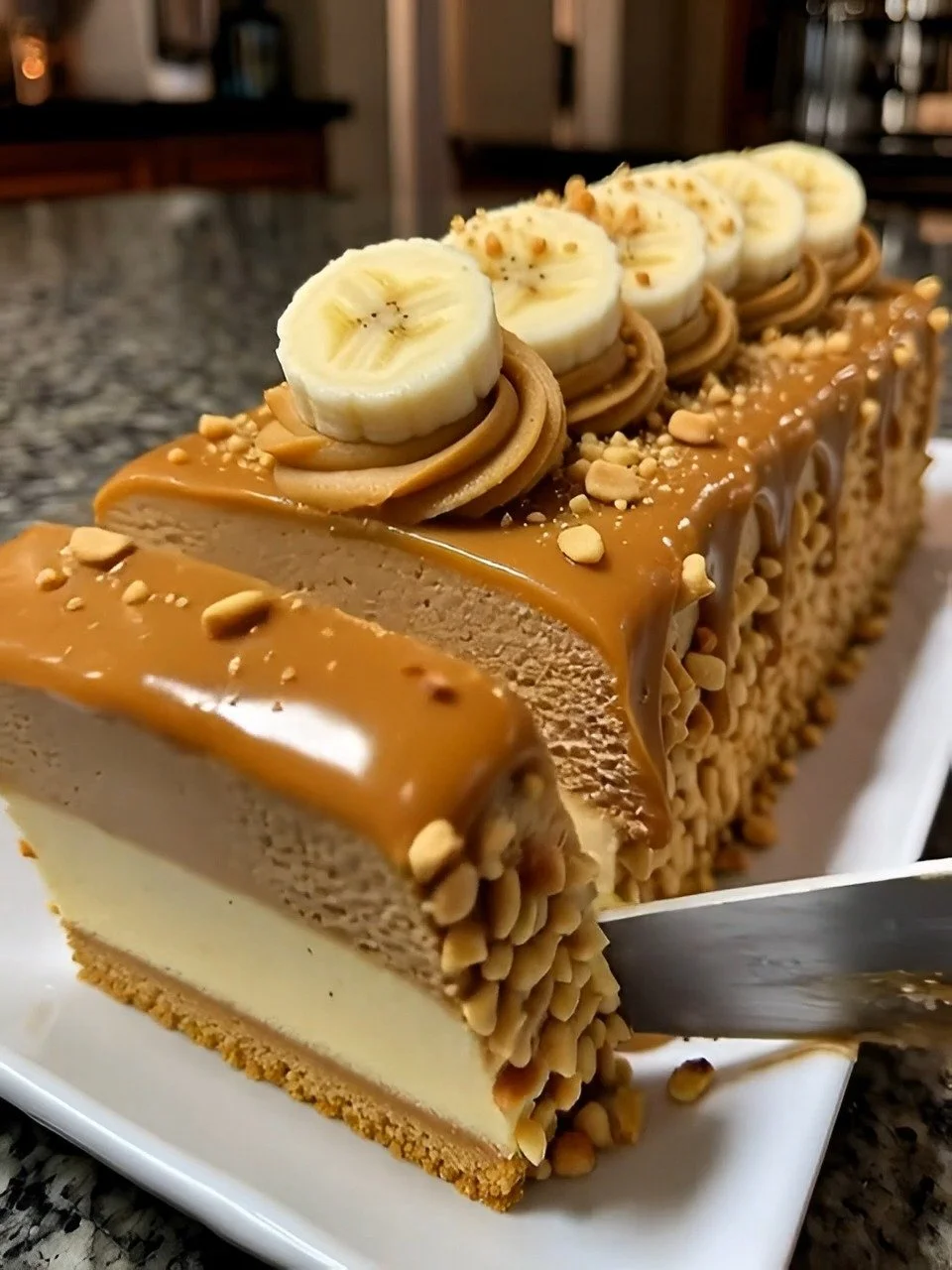 Banana Caramel Mousse Cake with Peanut Crunch and Salted Caramel Drip