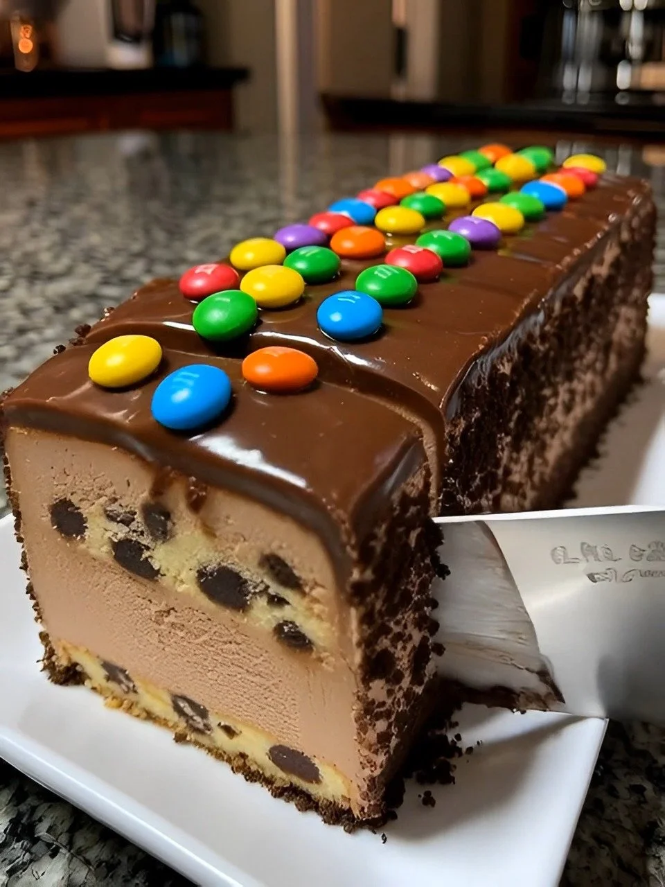 Chocolate M&M’s and Chocolate Chip Cookie Dough Ice Cream Cake
