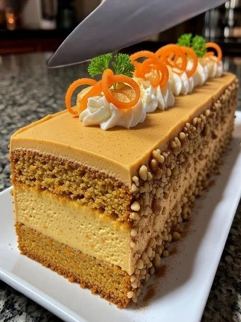 Spiced Carrot Cake with Cream Cheese Mousse Layer and Cinnamon Walnut Crunch