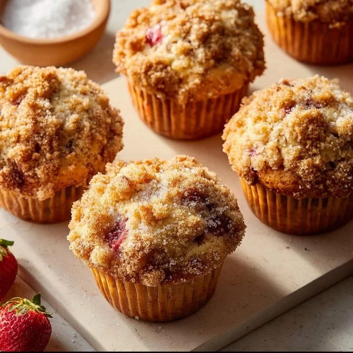Buttery Strawberry Rhubarb Muffins with Streusel Topping