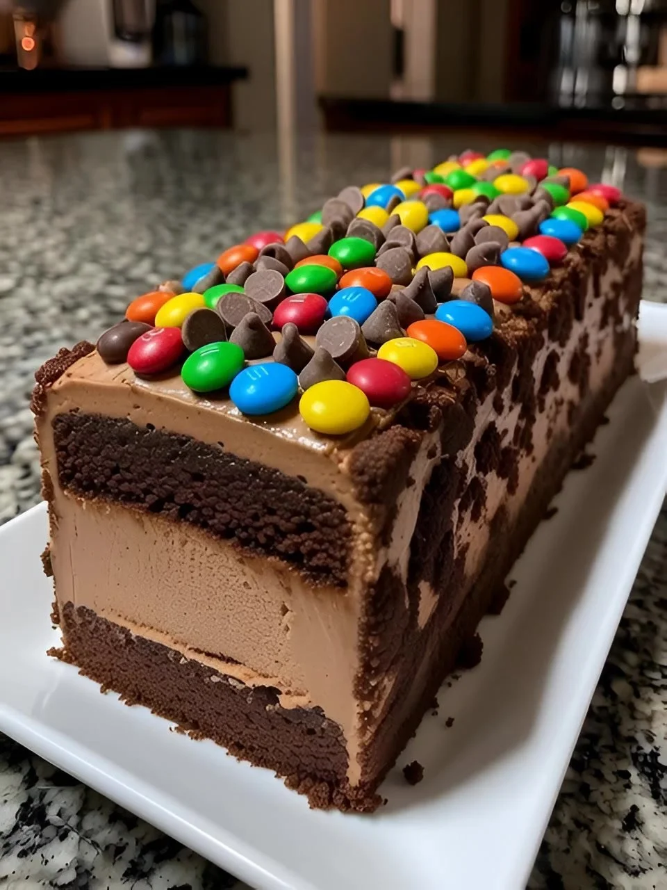 Decadent Chocolate M&M’s and Chocolate Chip Cookie Dough Ice Cream Cake