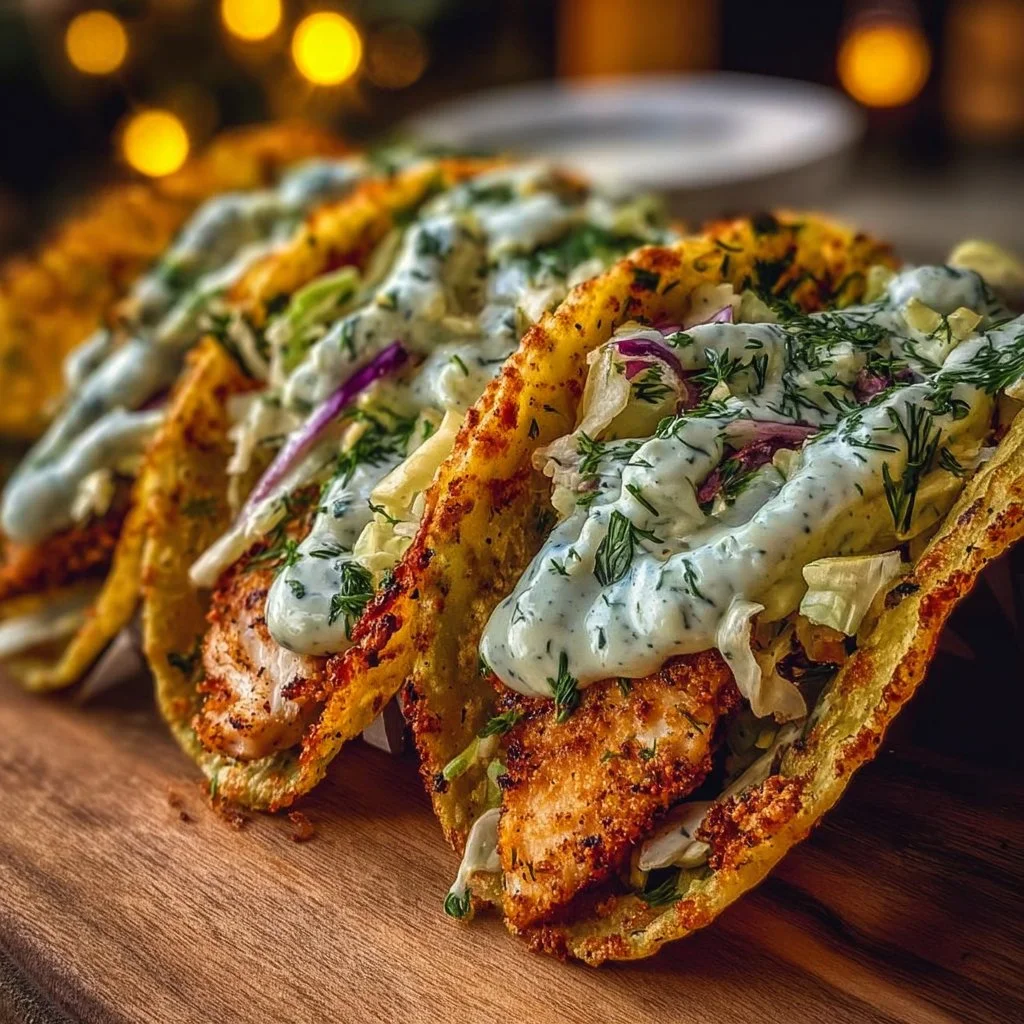 Dill Pickle Ranch Smash Chicken Tacos with Crispy Cheese Delight