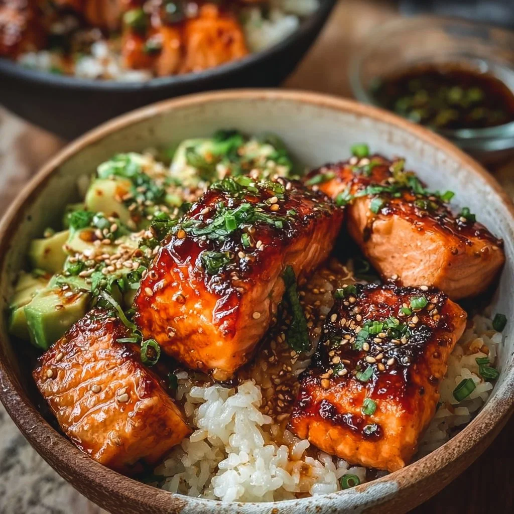 Honey Glazed Salmon Rice Bowls