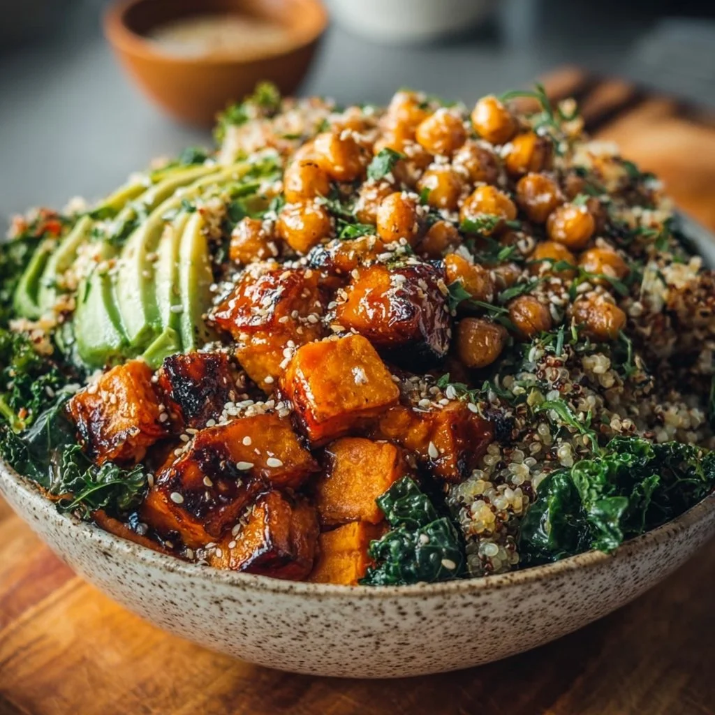 Miso Glazed Sweet Potato Power Bowl with Crispy Chickpeas