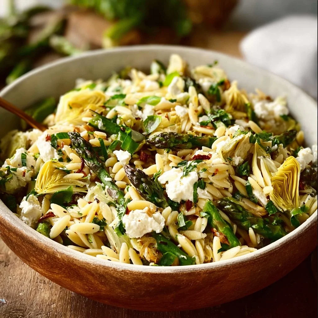 Orzo Salad with Asparagus, Artichoke Hearts, and Feta