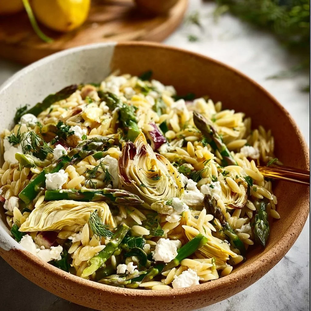 Orzo Salad with Asparagus, Artichoke Hearts and Feta
