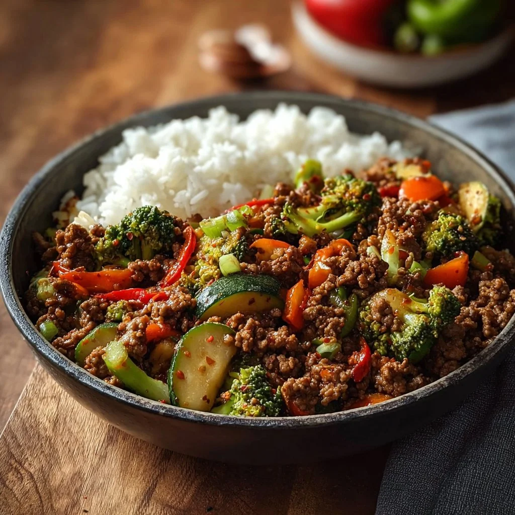 Spicy Ground Beef Stir-Fry Bowl with Garlic Veggies Delight