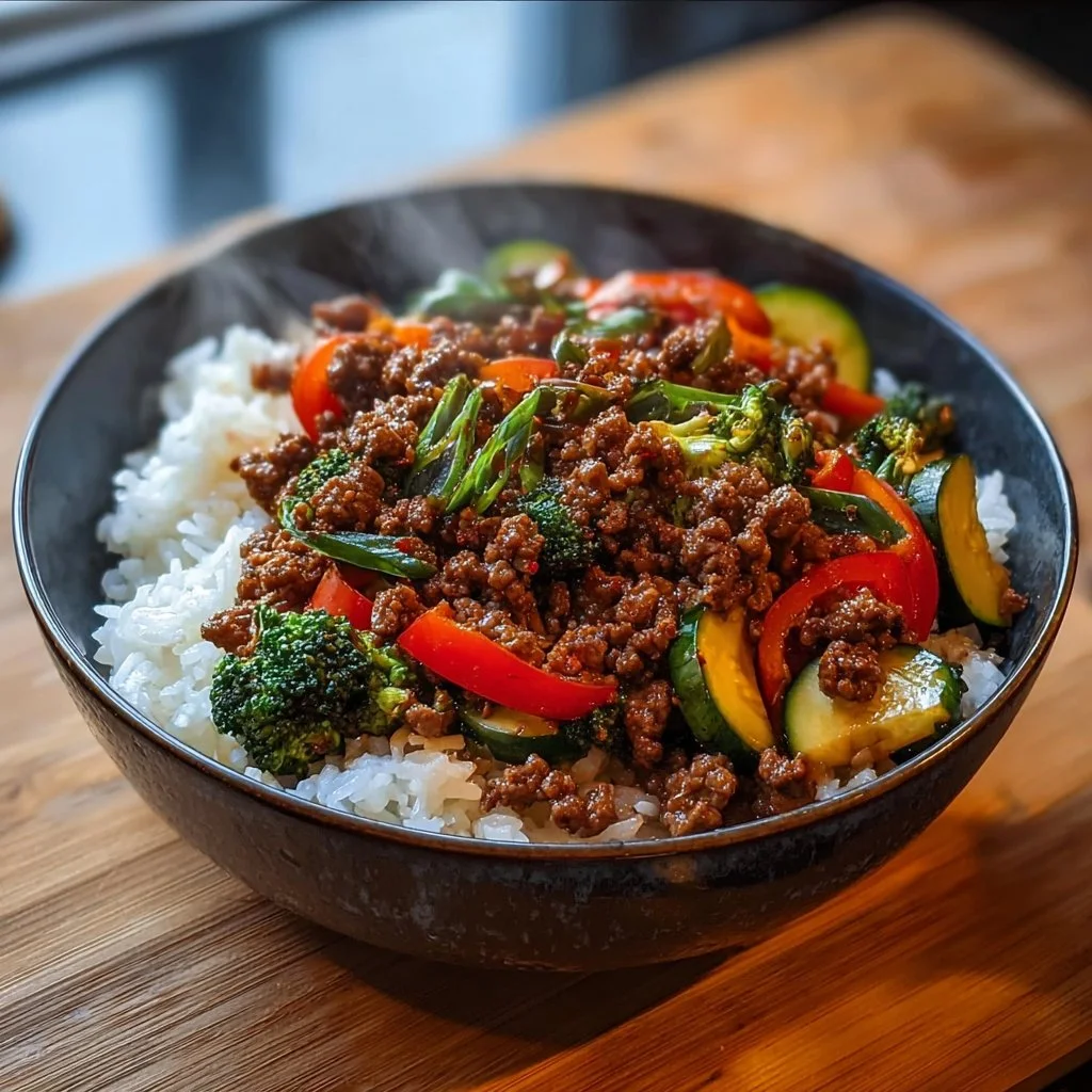 Spicy Ground Beef Stir-Fry Bowl with Garlic Veggies Delight