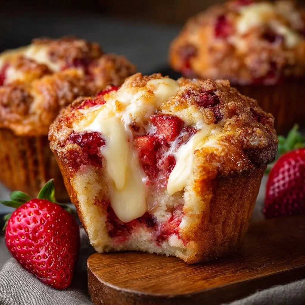 Strawberry Cream Cheese Breakfast Muffins with Fresh Strawberries