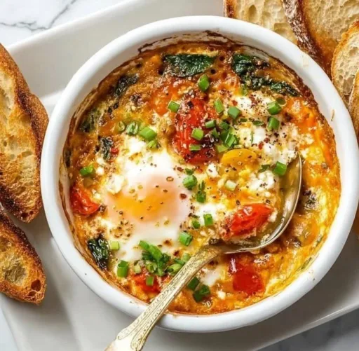 Baked feta eggs served with tomatoes and spinach in a rustic dish.