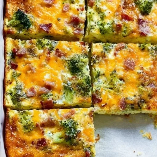 Broccoli Cheddar Egg Bake served in a baking dish