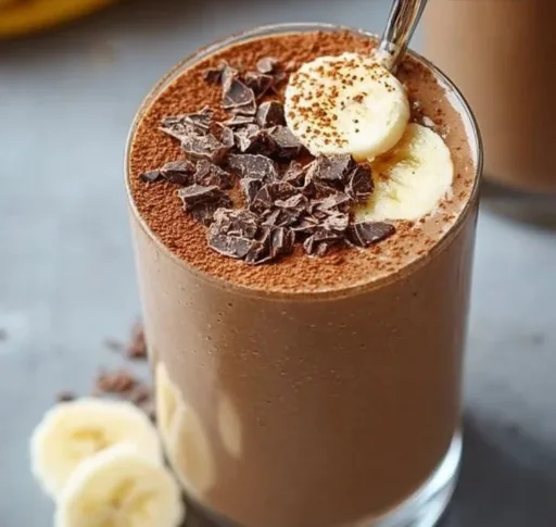Chocolate Peanut Butter Protein Smoothie in glass with toppings