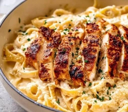 Delicious creamy Chicken Alfredo served with fettuccine pasta on a plate