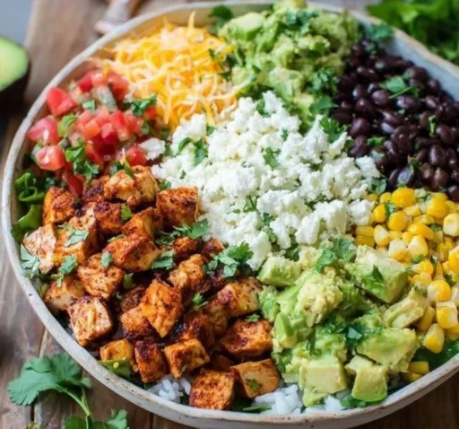 Delicious easy chicken burrito bowl with fresh ingredients and toppings.