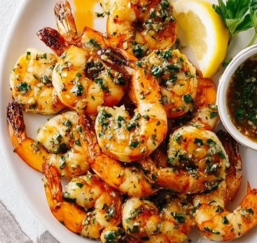 Garlic grilled shrimp skewers marinated and cooked on a grill.