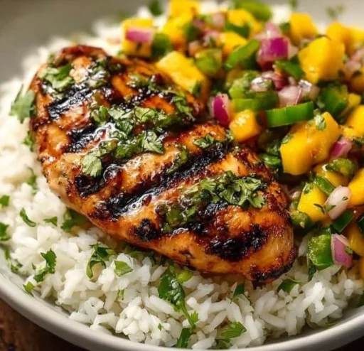 Grilled Honey Lime Chicken served with fresh Mango Salsa