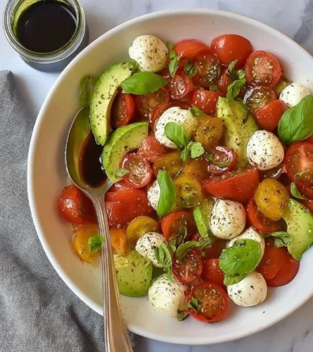 Light Avocado Caprese Salad with tomatoes, mozzarella, and basil on a plate
