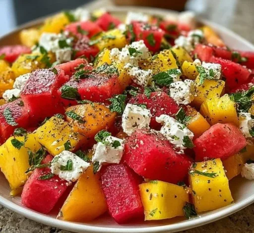 Colorful Peach Watermelon Salad showcasing fresh fruits in a bowl.