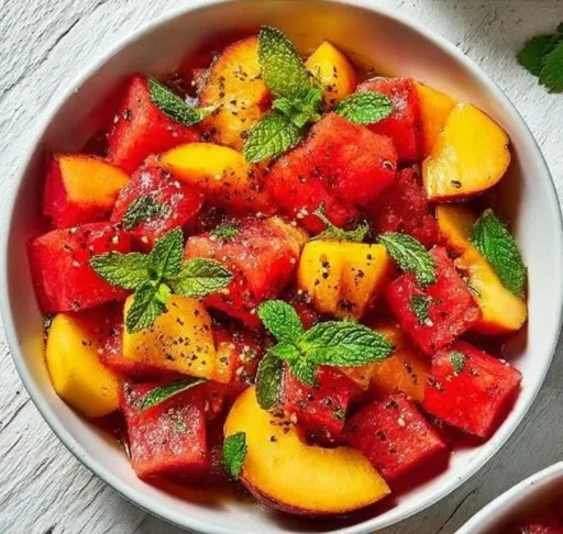 Refreshing Peach Watermelon Salad with vibrant colors and fresh ingredients