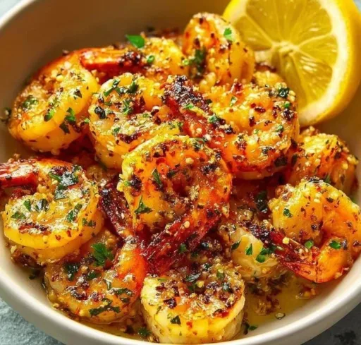 Plate of tangy lemon garlic grilled shrimp garnished with fresh herbs