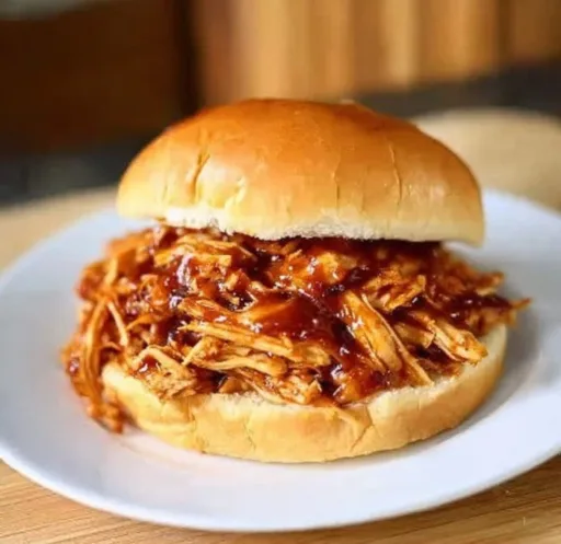 Delicious pulled BBQ chicken made in a crockpot, served on a plate.