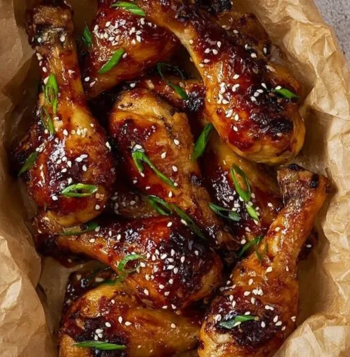 Delicious baked chicken drumsticks ready to serve with herbs and spices.
