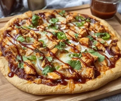 Delicious BBQ Chicken Pizza topped with chicken, BBQ sauce, and cheese
