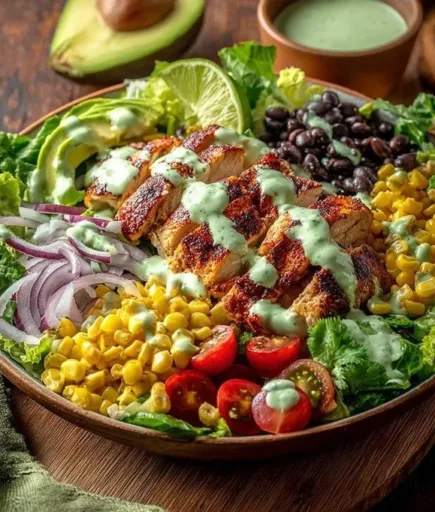 BBQ Chicken Salad with Creamy Avocado Dressing in a bowl, vibrant colors and fresh ingredients