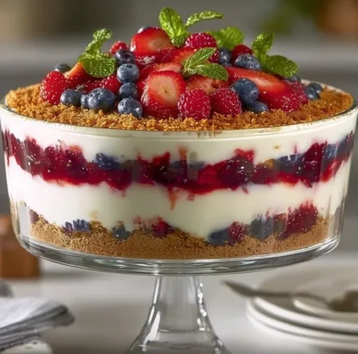 Delicious berry cheesecake trifle with layers of cream and berries