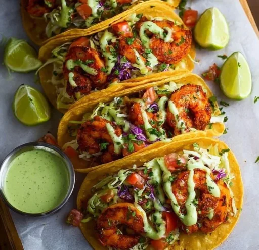 Delicious spicy shrimp tacos garnished and ready to serve.