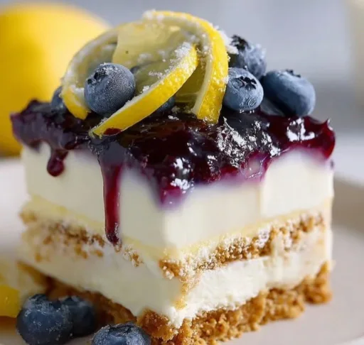 Blueberry Lemon Ice Box Cake with fresh blueberries and lemon slices.