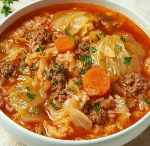 Bowl of delicious cabbage roll soup with cabbage, rice, and ground meat