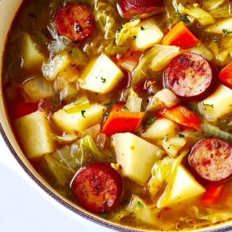 Delicious cabbage soup with sausage and potatoes in a bowl