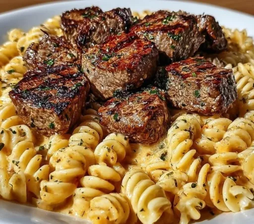 Cajun Alfredo Pasta with Steak served in a bowl garnished with herbs.