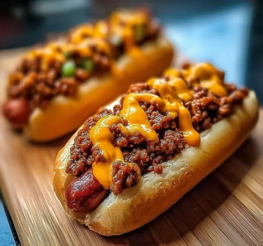 Cheesy ground beef hot dogs topped with melted cheese and garnished.